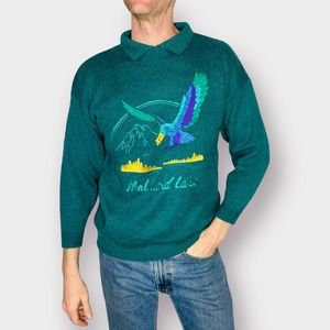 80s Knit Works Teal Lake Mallard Collared Sweater‎